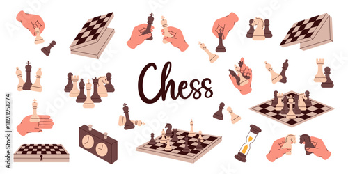 Minimalist vector chess illustrations with pieces, boards, clocks and hands in modern style