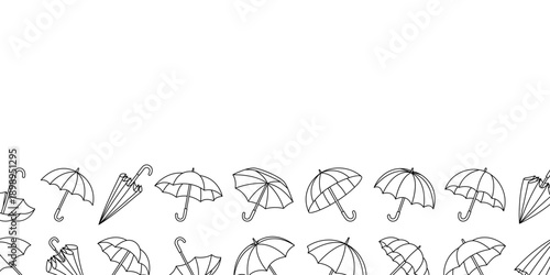 Minimal umbrella border with linear outline at the bottom of the frame. Simple vector seasonal design for weather and rain protection themes