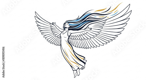 Angel with outstretched wings and flowing hair in shades of blue gold and white