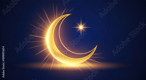 Glowing crescent moon with starburst and radiant light on dark blue background