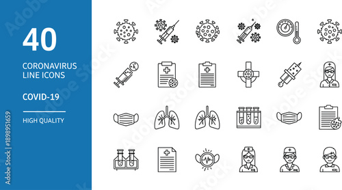 Coronavirus line icons set featuring COVID-19 medical, vaccine, testing, healthcare symbols for pandemic awareness, web, app, infographic design