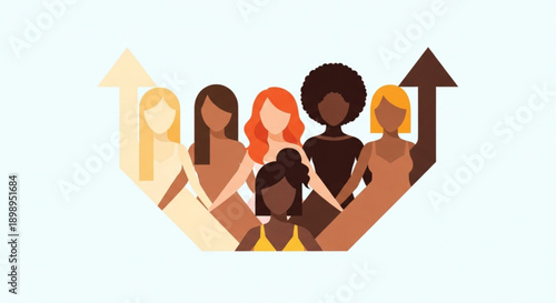 Diverse women supporting each other with upward arrows symbolizing empowerment and unity in a light blue background
