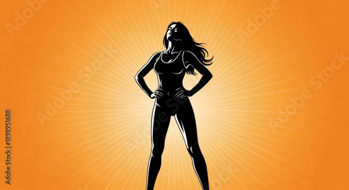 Confident woman in black silhouette standing strong against vibrant orange background with radiant light