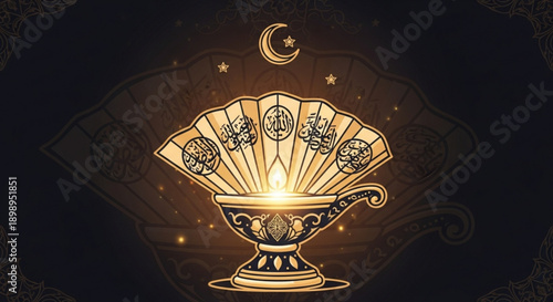 Golden tarot cards in ornate bowl with moon and stars on dark background