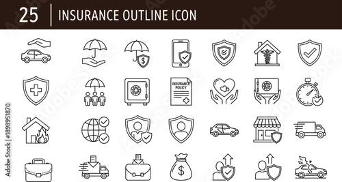 Insurance outline icons set featuring health, car, home, travel, business protection symbols for web, app, infographic design use