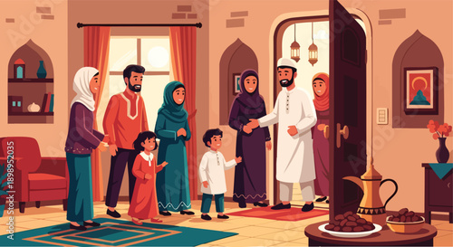 Heartwarming family reunion celebrating faith and togetherness during Ramadan Kareem 2026, sharing joyous moments and traditional hospitality in a welcoming home
