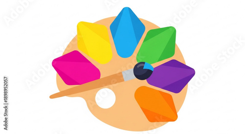 Artist's palette with vibrant colors and paintbrush on white background creative art supplies