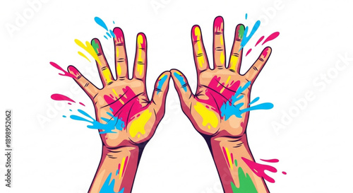 Colorful hands with paint splatters raised up in creative expression and artistic freedom