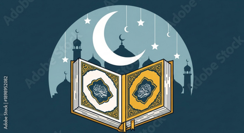 Ramadan kareem illustration with open quran and crescent moon