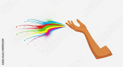 Hand releasing colorful rainbow paint splash on white background