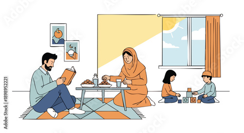 A heartwarming illustration of a Muslim family enjoying a peaceful meal and precious quality time together at home, embodying the spirit of Ramadan Kareem 2026 with joy and devotion