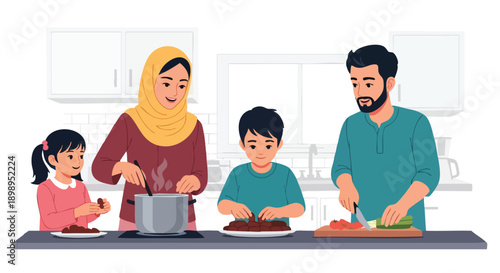 Heartwarming scene of a diverse Muslim family preparing a delicious Iftar meal together in their kitchen, celebrating Ramadan Kareem 2026 with joy and unity