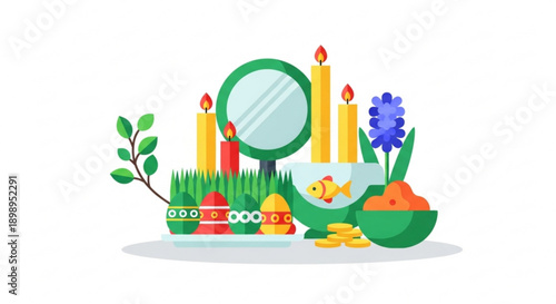 Nowruz celebration elements with mirror candles flowers and traditional persian gold coins