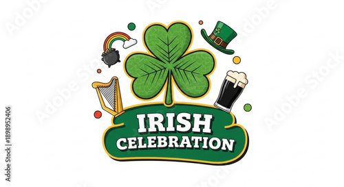 Vibrant irish celebration design with shamrock hat and beer mug elements