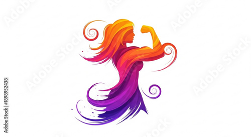 Strong woman silhouette flexing arm with flowing hair and vibrant colors in abstract design