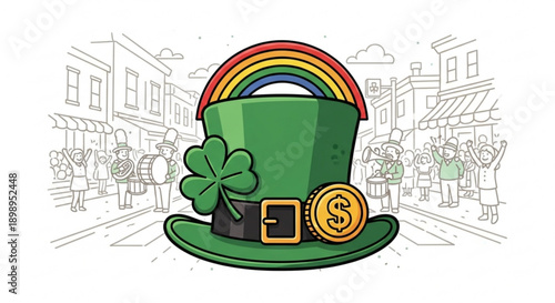 Green top hat with rainbow shamrock and gold coin on st patrick's day background
