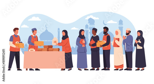 Ramadan Kareem 2026 Diverse Community Volunteers Distributing Food Aid and Charity Boxes to Families in Need