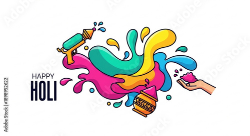 Vibrant holi celebration with colorful paint splashes and water guns on white background
