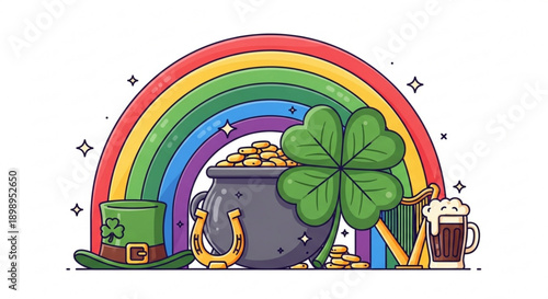 St patrick's day celebration with rainbow pot of gold shamrock and festive beer