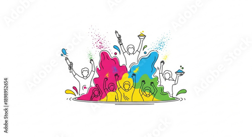 Group of artists painting together with vibrant colors and dynamic splatters in a collaborative art session