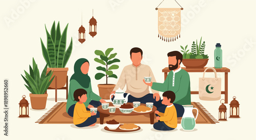 Ramadan Kareem 2026 A Happy Family Gathering for Iftar Meal, Celebrating Islamic Traditions with Joy and Unity