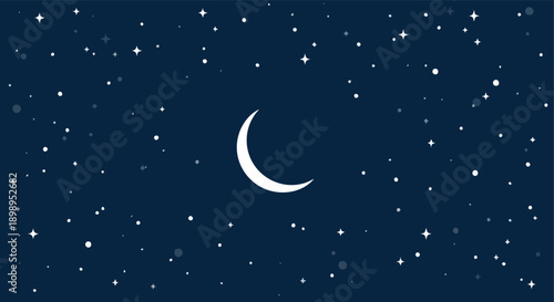 Serene night sky illustration with a bright crescent moon and twinkling stars, conveying peaceful wishes for Ramadan Kareem 2026