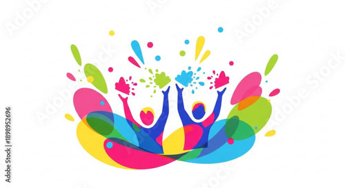 Vibrant illustration of two people celebrating with colorful paint splatters and dynamic shapes