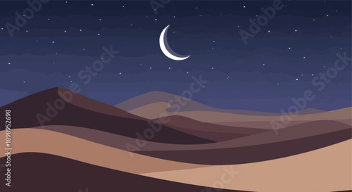 Serene desert night illustration showcasing majestic sand dunes beneath a sparkling star-filled sky and bright crescent moon, perfect for Ramadan Kareem 2026
