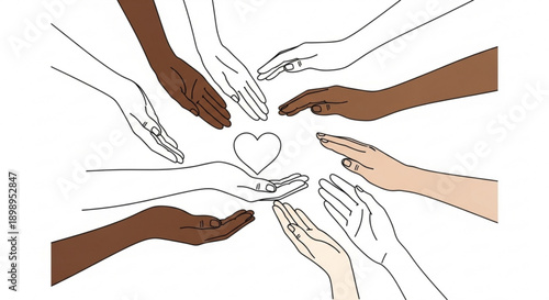 Diverse hands reaching together forming a circle around a heart symbolizing unity and togetherness