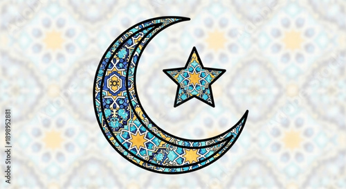 Ornate crescent moon and star symbol with intricate floral patterns and pastel colors on a white background