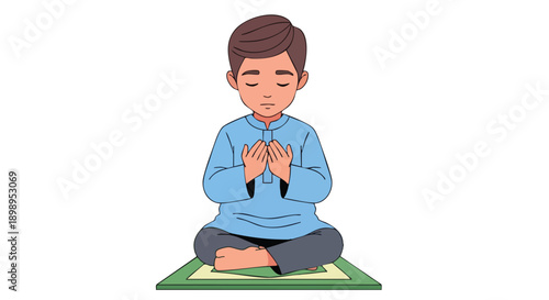 A devout young man observing peaceful prayer on a traditional mat, embodying spiritual tranquility and reflective devotion during Ramadan Kareem 2026, an inspiring illustration of faith