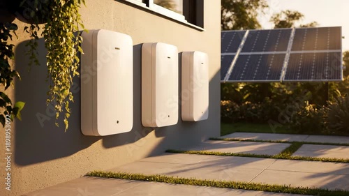 Exterior view of a modern home featuring a wall mounted battery storage system and solar panels during a warm sunset.