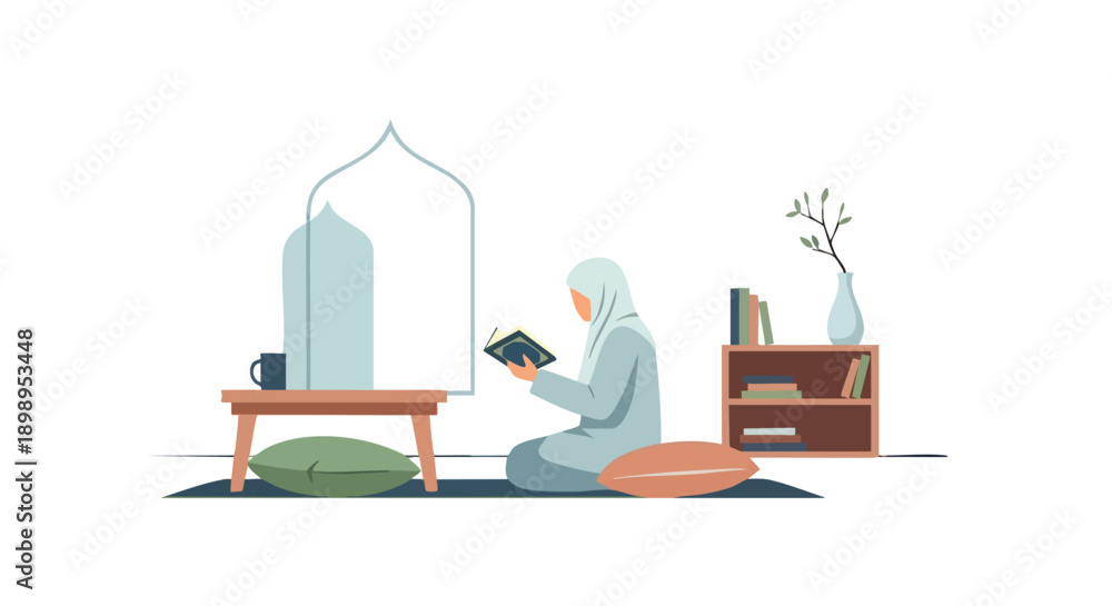 Fototapeta premium Ramadan Kareem 2026 A Beautiful Ramadan Illustration Featuring a Table Set for Iftar with Dates, a Quran, and a Lantern under a Night Sky