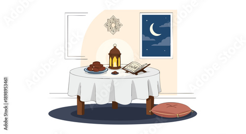 Celebrating the spirit of Ramadan Kareem 2026 with a beautifully prepared Iftar table featuring dates, lantern, and the Quran, embodying tradition and peaceful reflection