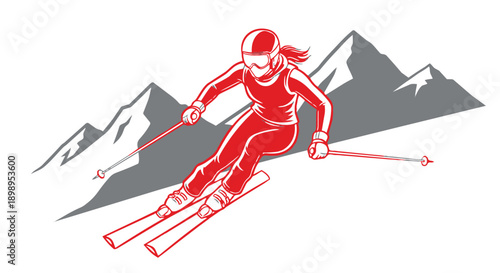 Woman skiing down mountain with skis and poles in red
