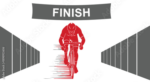 Cyclist riding towards finish line on a bicycle