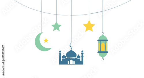 Vector illustration with hanging Islamic elements mosque, crescent moon, stars, and lantern, symbolizing festive celebrations, perfect for Ramadan Kareem 2026