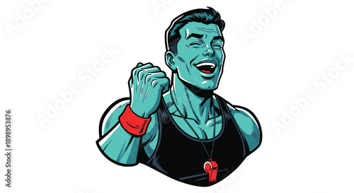 Green muscular man in black tank top with red wristband and pendant flexing