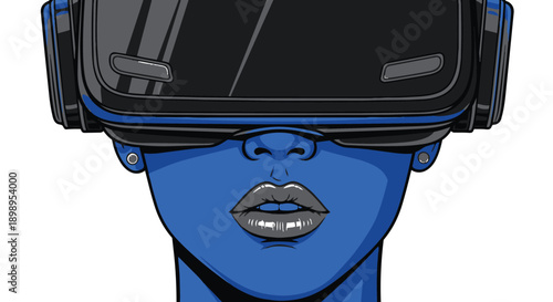 Person wearing virtual reality headset with blue skin and black goggles