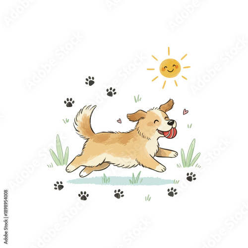 Naive Doodle Illustration – Dog Playing with Ball