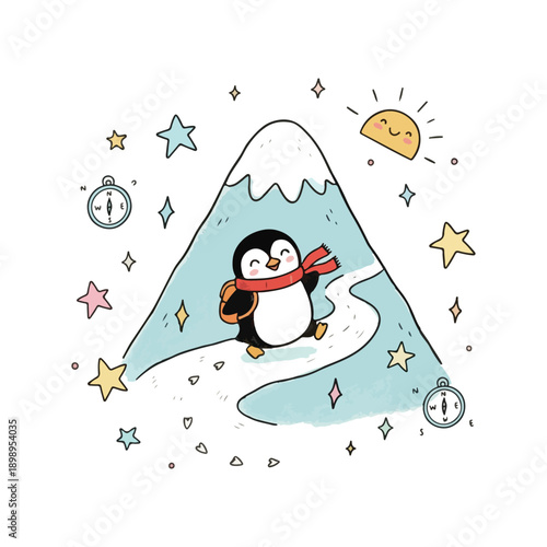 Naive Doodle Illustration – Penguin Facing Snowy Mountain