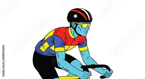 Cyclist wearing colorful jersey and helmet riding bicycle