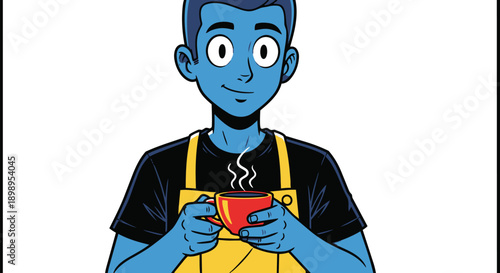 A blue cartoon man in yellow overalls drinking coffee
