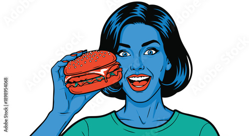 Woman excitedly holding and eating a red hamburger with a pop art style
