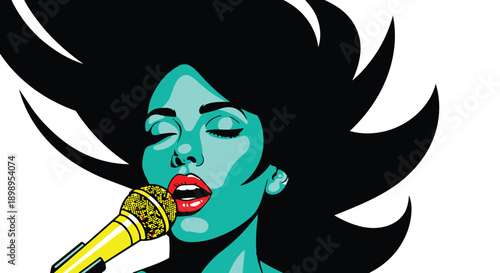 Vector illustration of a woman singing into a microphone with flowing hair