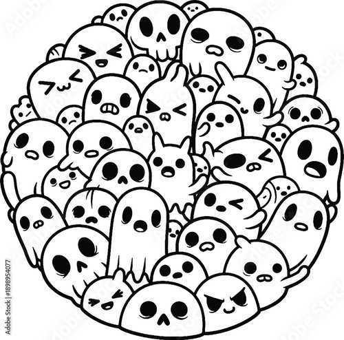 A playful circle of adorable, cartoonish ghosts and skulls with diverse expressions.