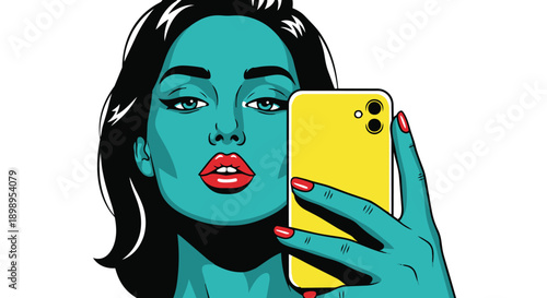 Woman taking a selfie with a yellow smartphone device