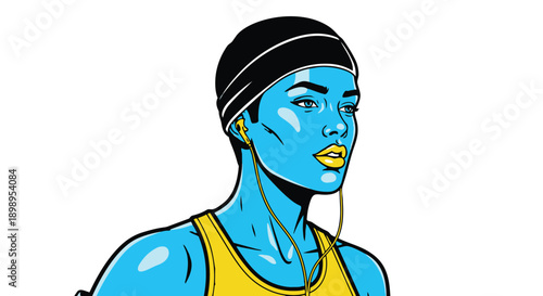 Woman wearing yellow sports bra and black headband looking sideways