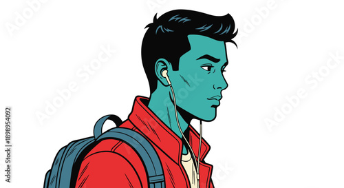 Comic book style illustration of a green skinned man with a red shirt and backpack