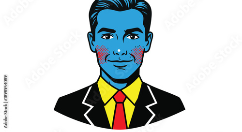 Blushing businessman with blue skin and colorful outfit